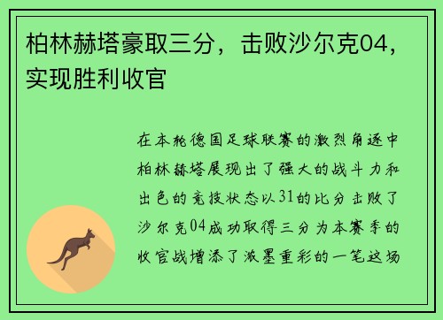 柏林赫塔豪取三分，击败沙尔克04，实现胜利收官